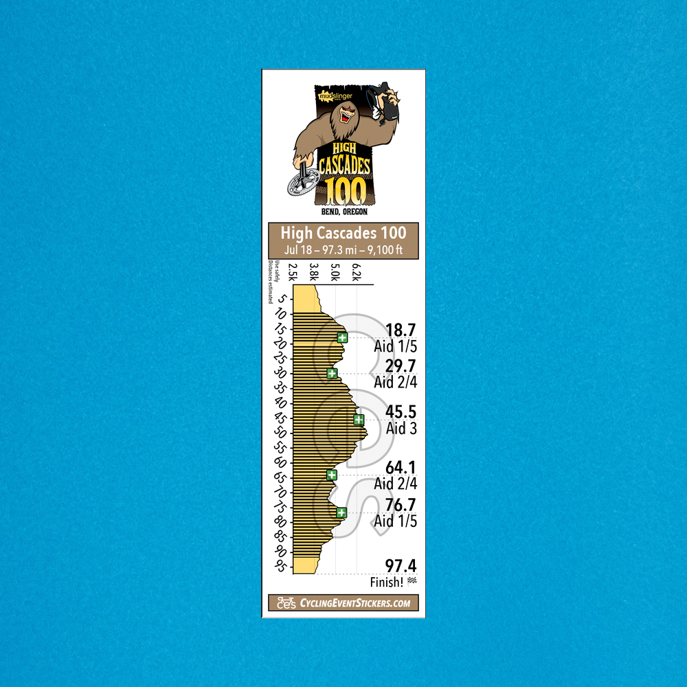 High Cascades 100 route profile sticker on a bicycle top tube