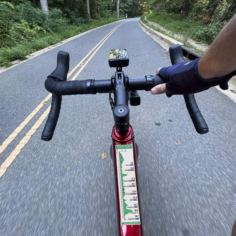 Five Boro Bike Tour (5BBT) route profile sticker on a bicycle top tube