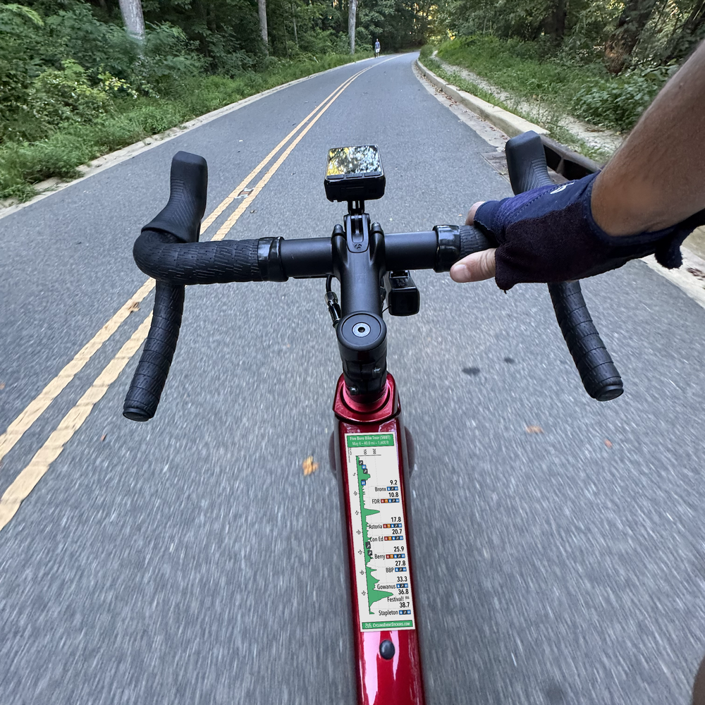 Five Boro Bike Tour (5BBT) route profile sticker on a bicycle top tube