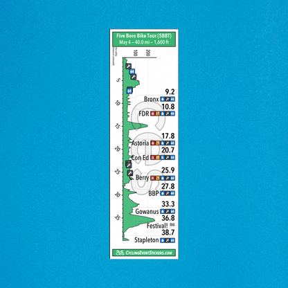 Five Boro Bike Tour (5BBT) route profile sticker on a bicycle top tube