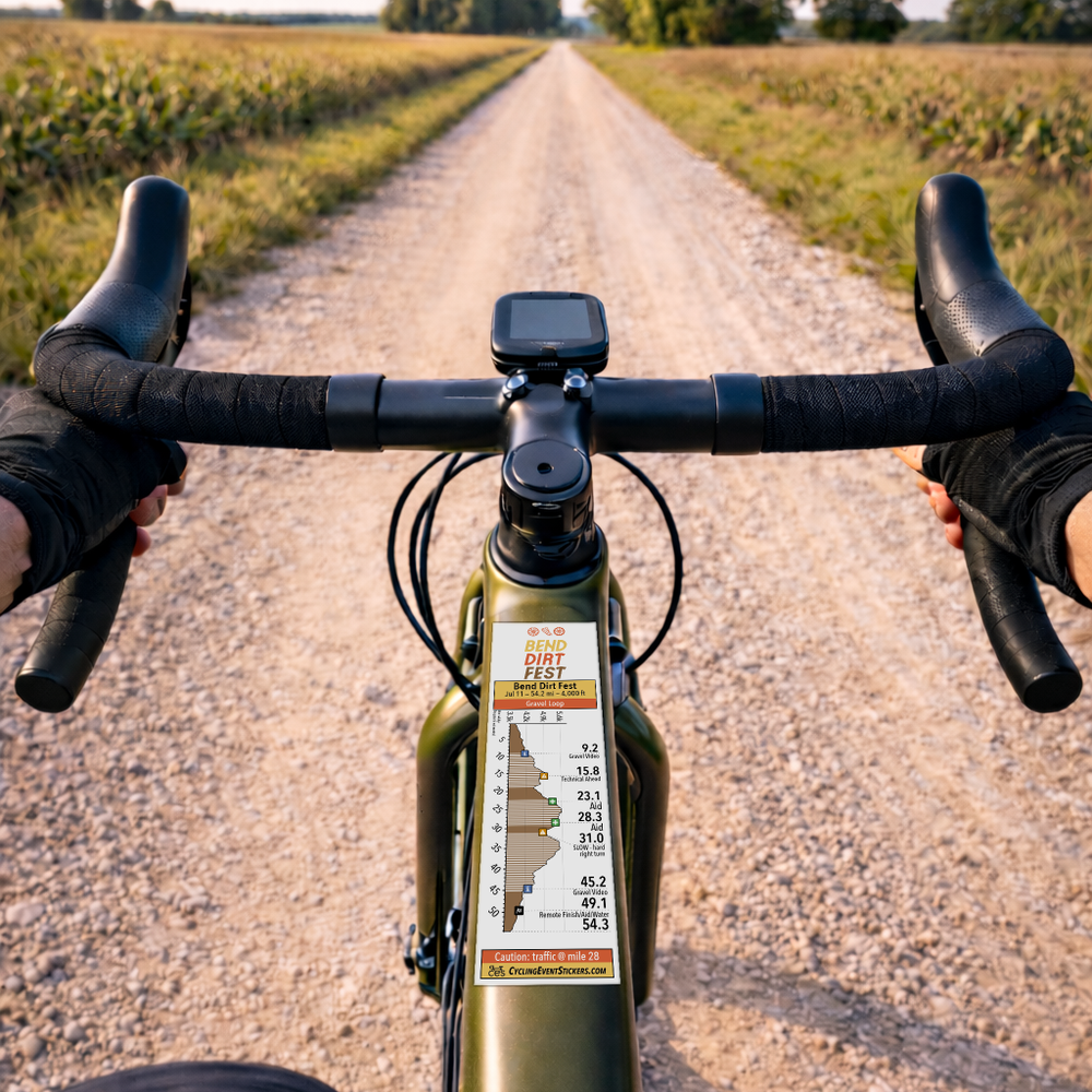 Bend Dirt Fest (gravel) route profile sticker on a bicycle top tube