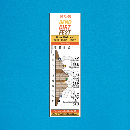 Bend Dirt Fest (gravel) route profile sticker on a bicycle top tube