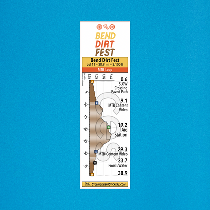 Bend Dirt Fest (MTB) route profile sticker on a bicycle top tube