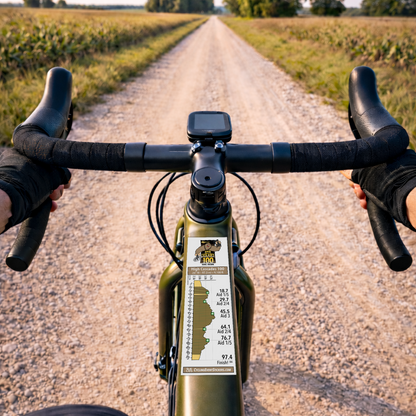 High Cascades 100 route profile sticker on a bicycle top tube