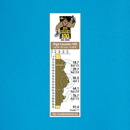 High Cascades 100 route profile sticker on a bicycle top tube