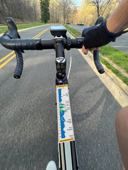 Triple Peak Gran Fondo road route profile sticker - bike top tube mockup