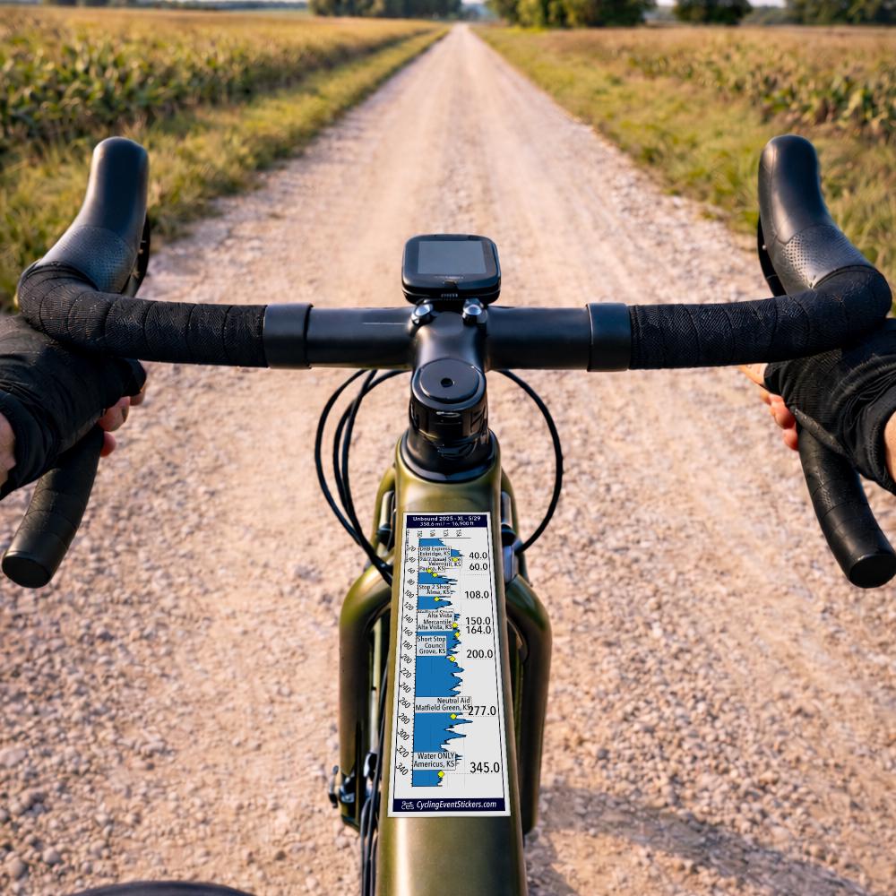 Unbound Sticker (200 or XL) gravel route profile sticker - example usage