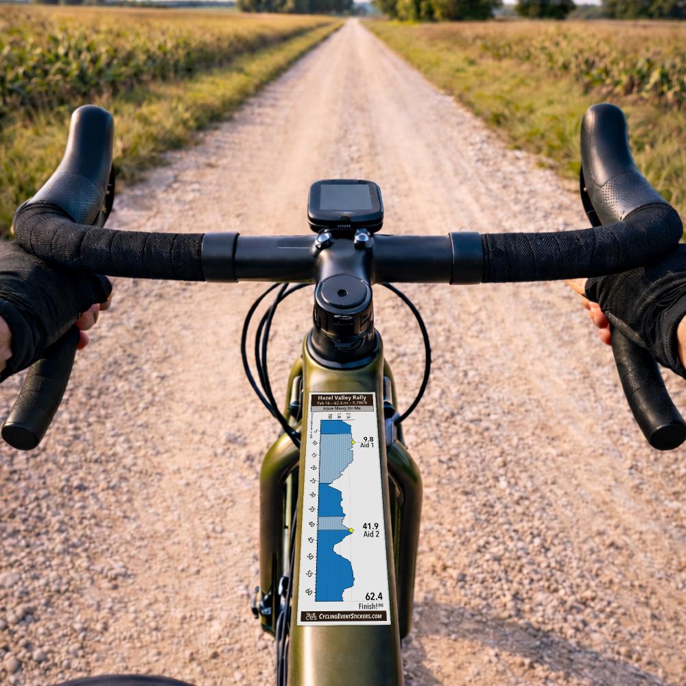 Hazel Valley Rally gravel route profile sticker - bike top tube mockup
