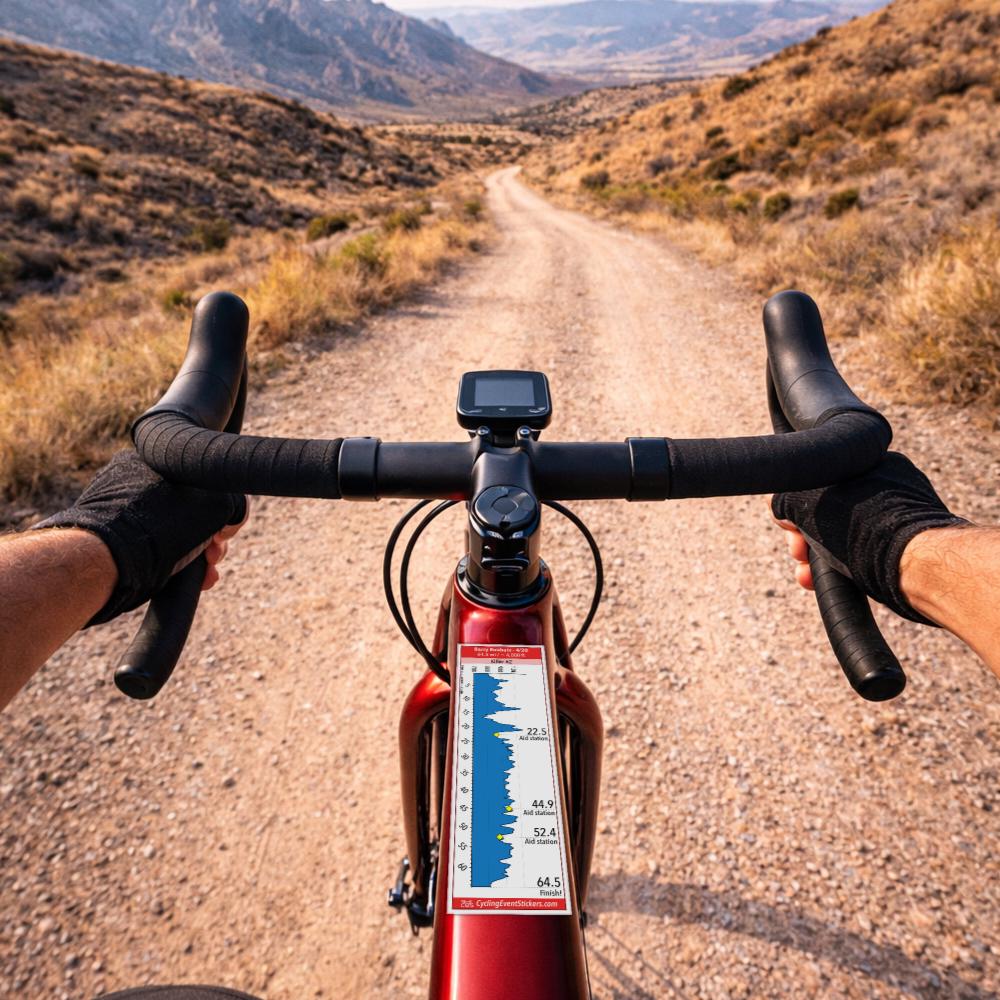 Gravel route profile sticker - bike top tube mockup on a gravel road in the mountains