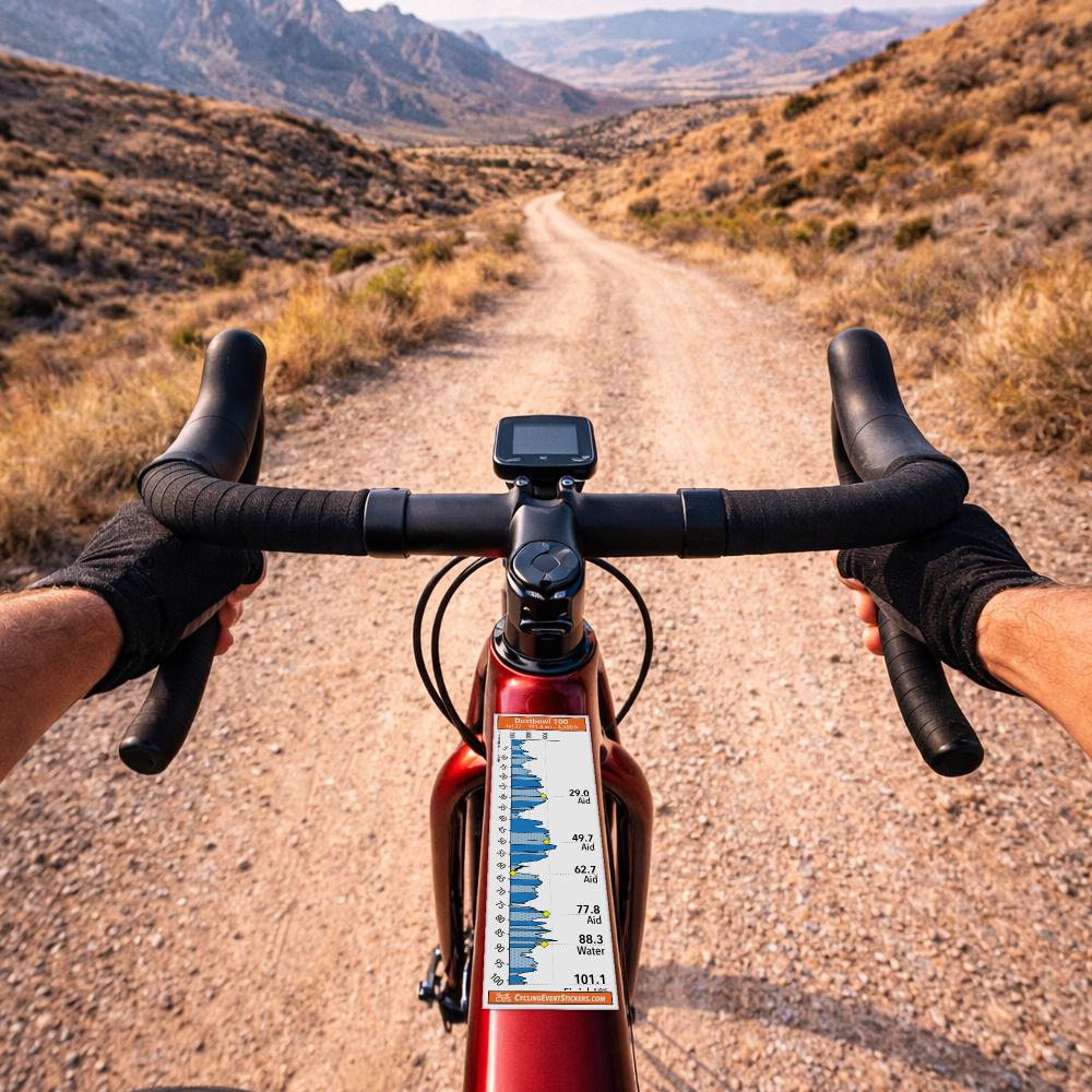Dustbowl 100 gravel route profile sticker - bike top tube mockup