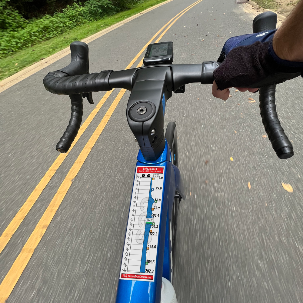 LoToJa RACE route profile sticker on a bicycle top tube