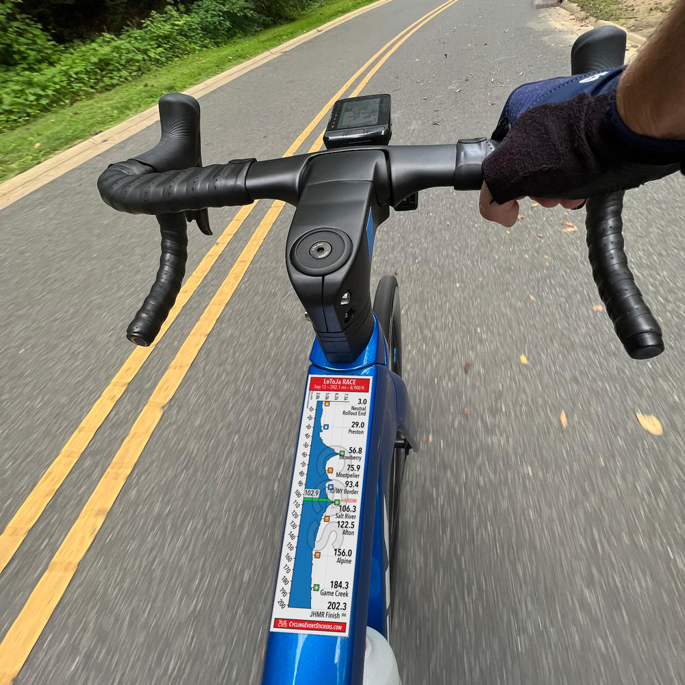 LoToJa RACE route profile sticker on a bicycle top tube
