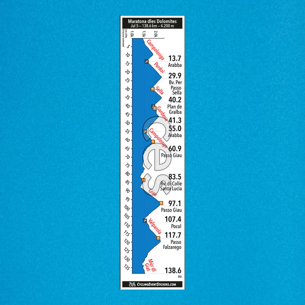 Maratona dles Dolomites route profile sticker on a bicycle top tube