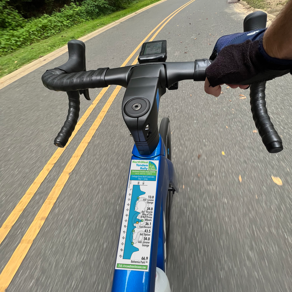 Northwest Tandem Rally [NWTR] Sticker Set (long) route profile sticker on a bicycle top tube