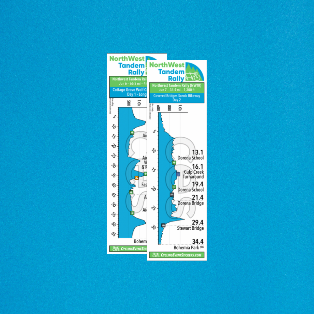 Northwest Tandem Rally [NWTR] Sticker Set (long) route profile sticker on a bicycle top tube