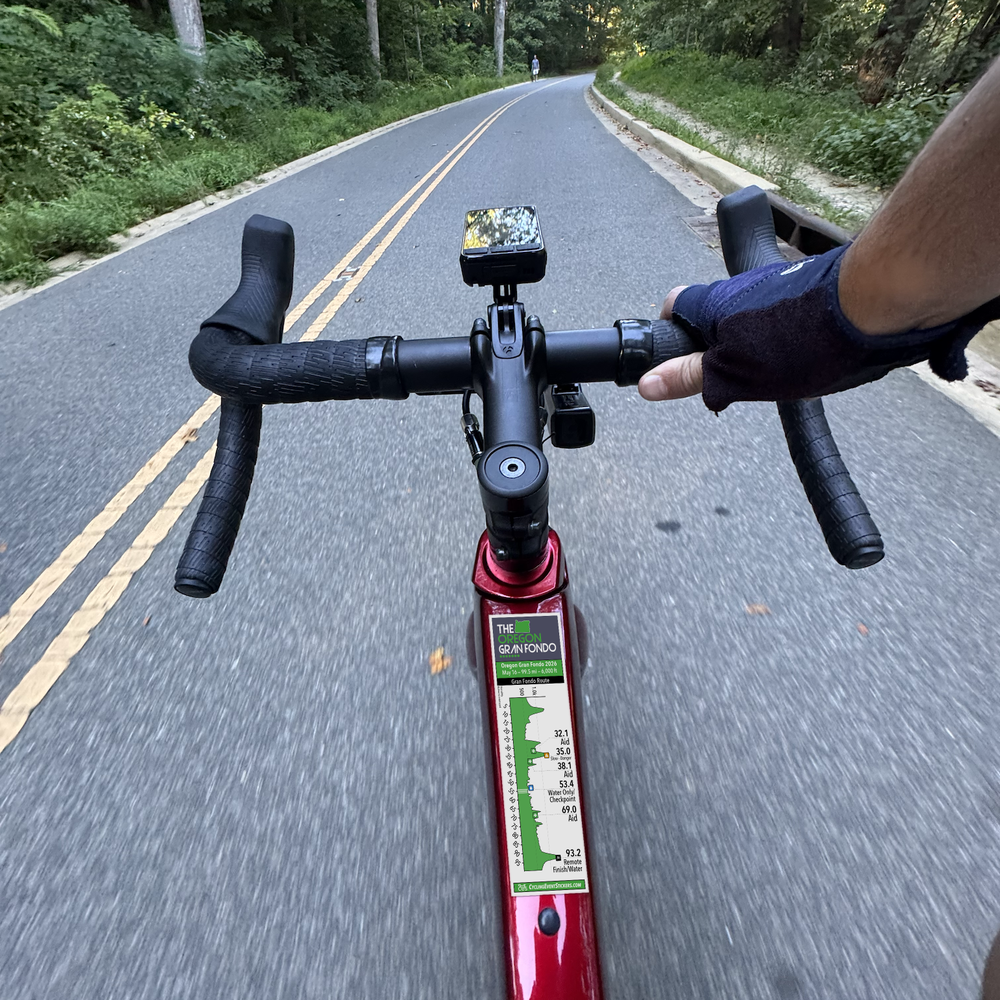 Oregon Gran Fondo route profile sticker on a bicycle top tube