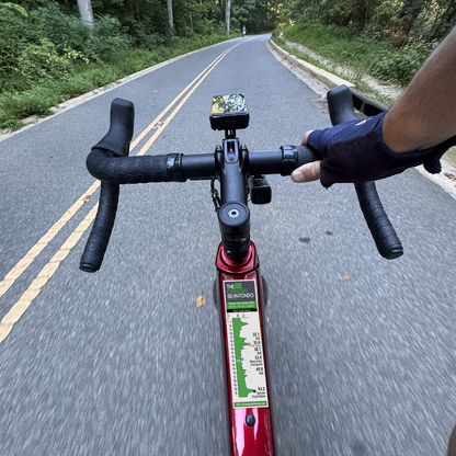 Oregon Gran Fondo route profile sticker on a bicycle top tube