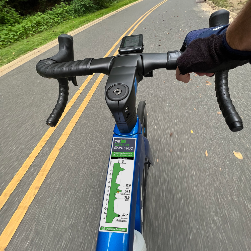 Oregon Gran Fondo (Medio) route profile sticker on a bicycle top tube
