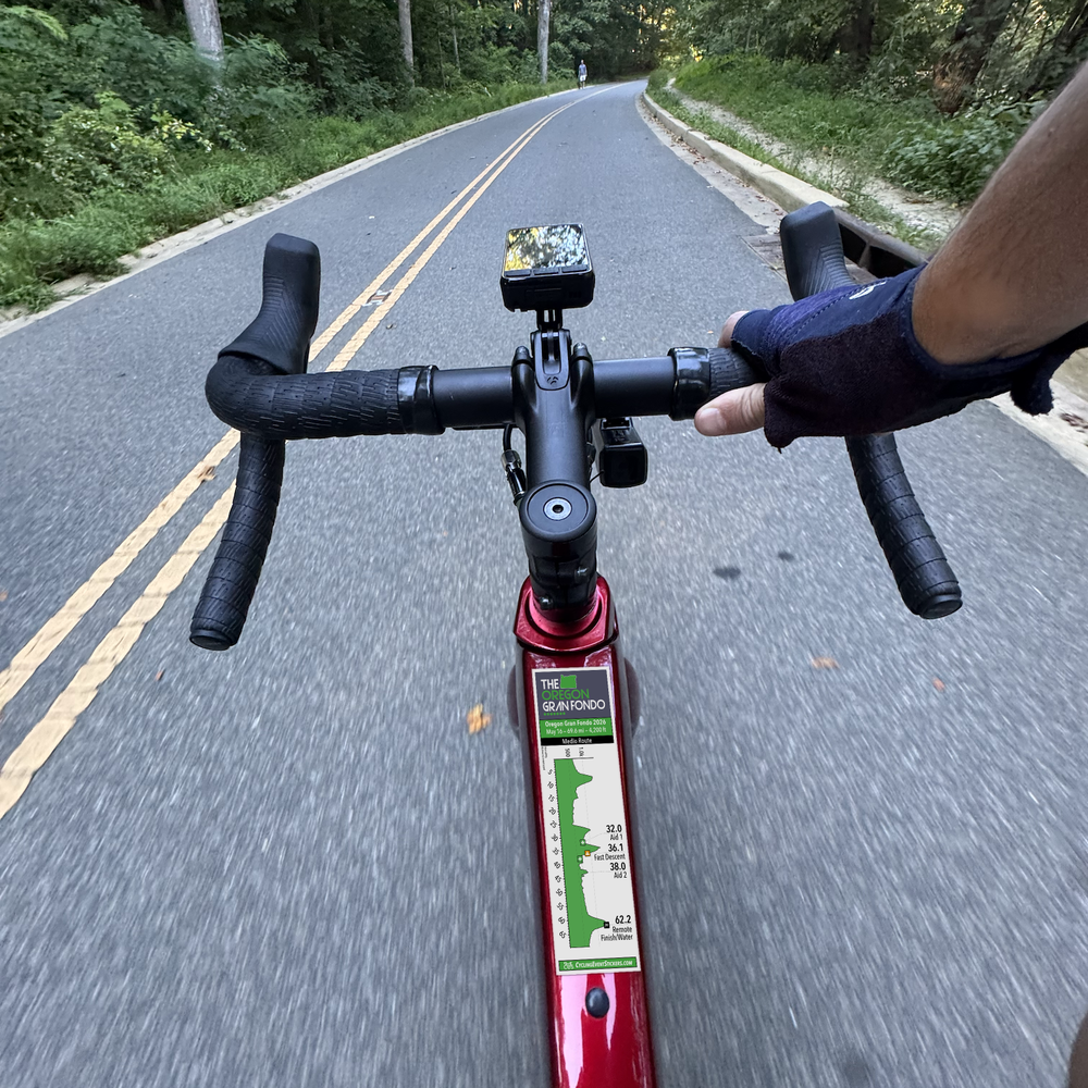 Oregon Gran Fondo (Medio) route profile sticker on a bicycle top tube