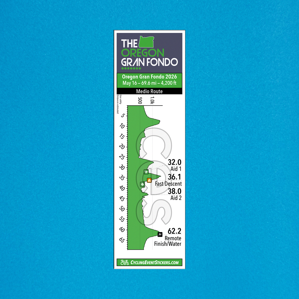 Oregon Gran Fondo (Medio) route profile sticker on a bicycle top tube