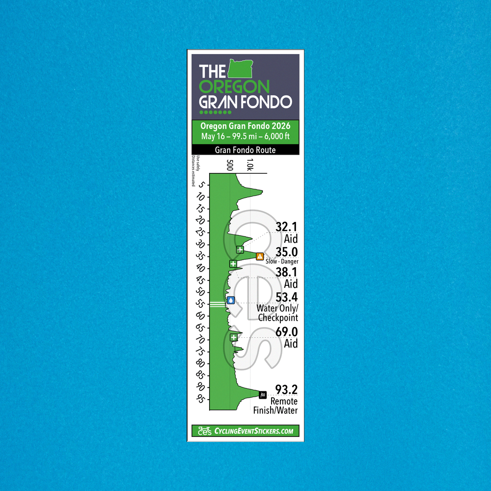 Oregon Gran Fondo route profile sticker on a bicycle top tube