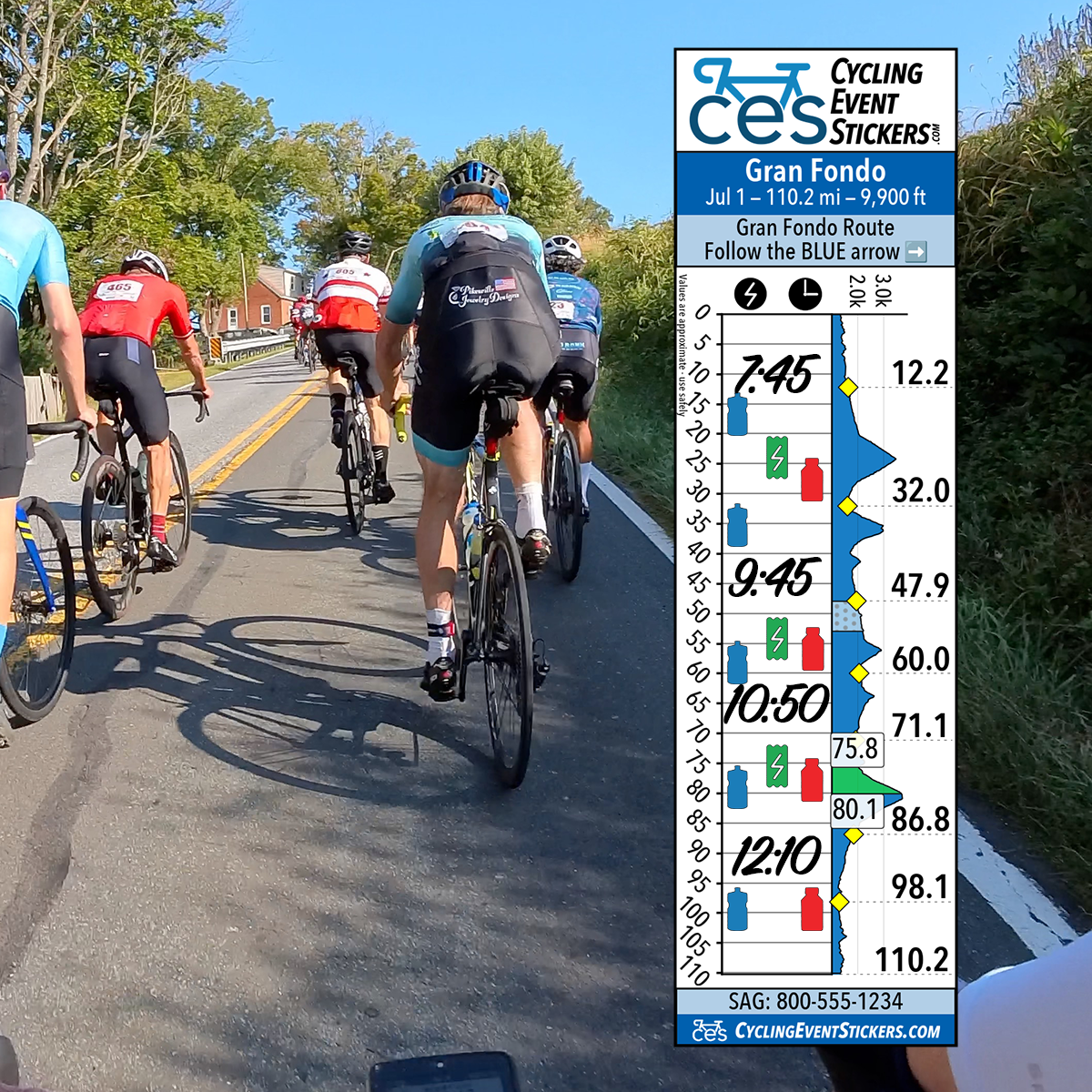 Cyclists climbing a steep hill with a fuel bar sticker overlay