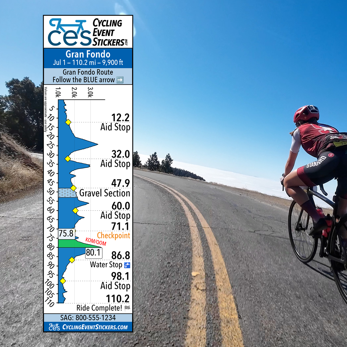 Cyclist on a road above the clouds with a route profile sticker overlay