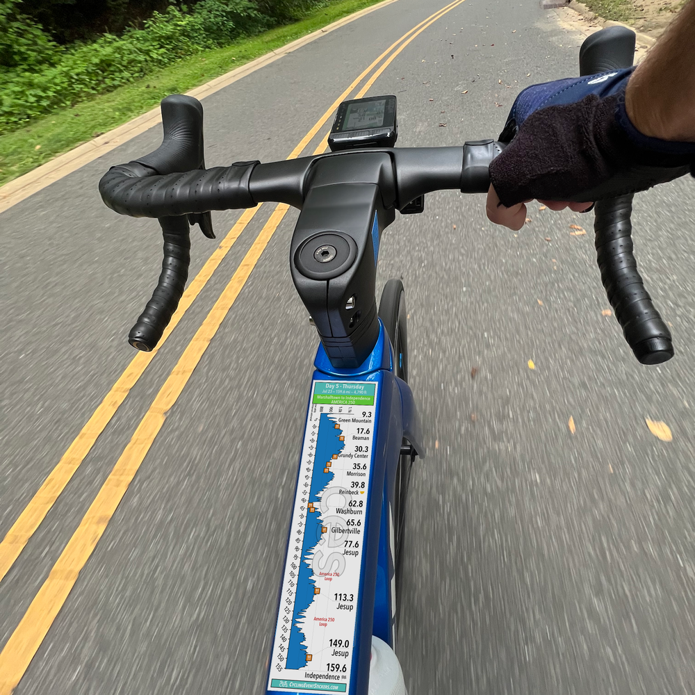 RAGBRAI 2026 Sticker Set (America 250 Double Loop) route profile sticker on a bicycle top tube