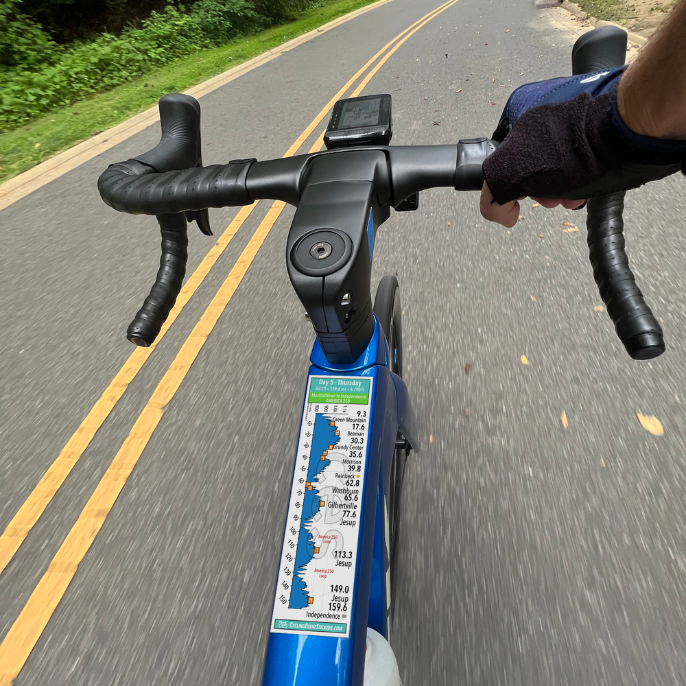 RAGBRAI 2026 Sticker Set (America 250 Double Loop) route profile sticker on a bicycle top tube