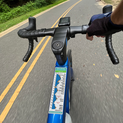 RAGBRAI 2026 Sticker Set (America 250 Double Loop) route profile sticker on a bicycle top tube