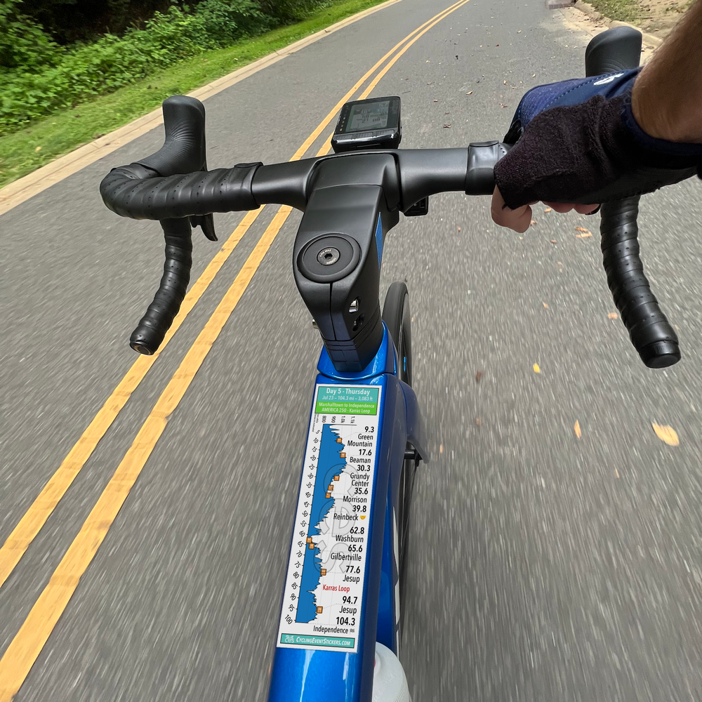 RAGBRAI 2026 Sticker Set (Karras Loop) route profile sticker on a bicycle top tube