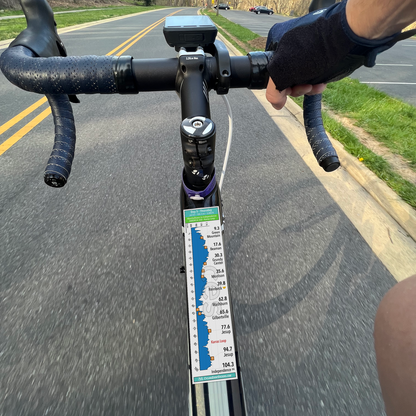 RAGBRAI 2026 Sticker Set (Karras Loop) route profile sticker on a bicycle top tube
