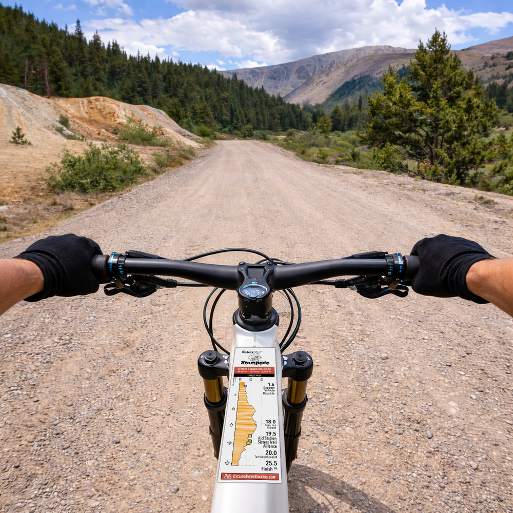 Sisters Stampede route profile sticker on a bicycle top tube