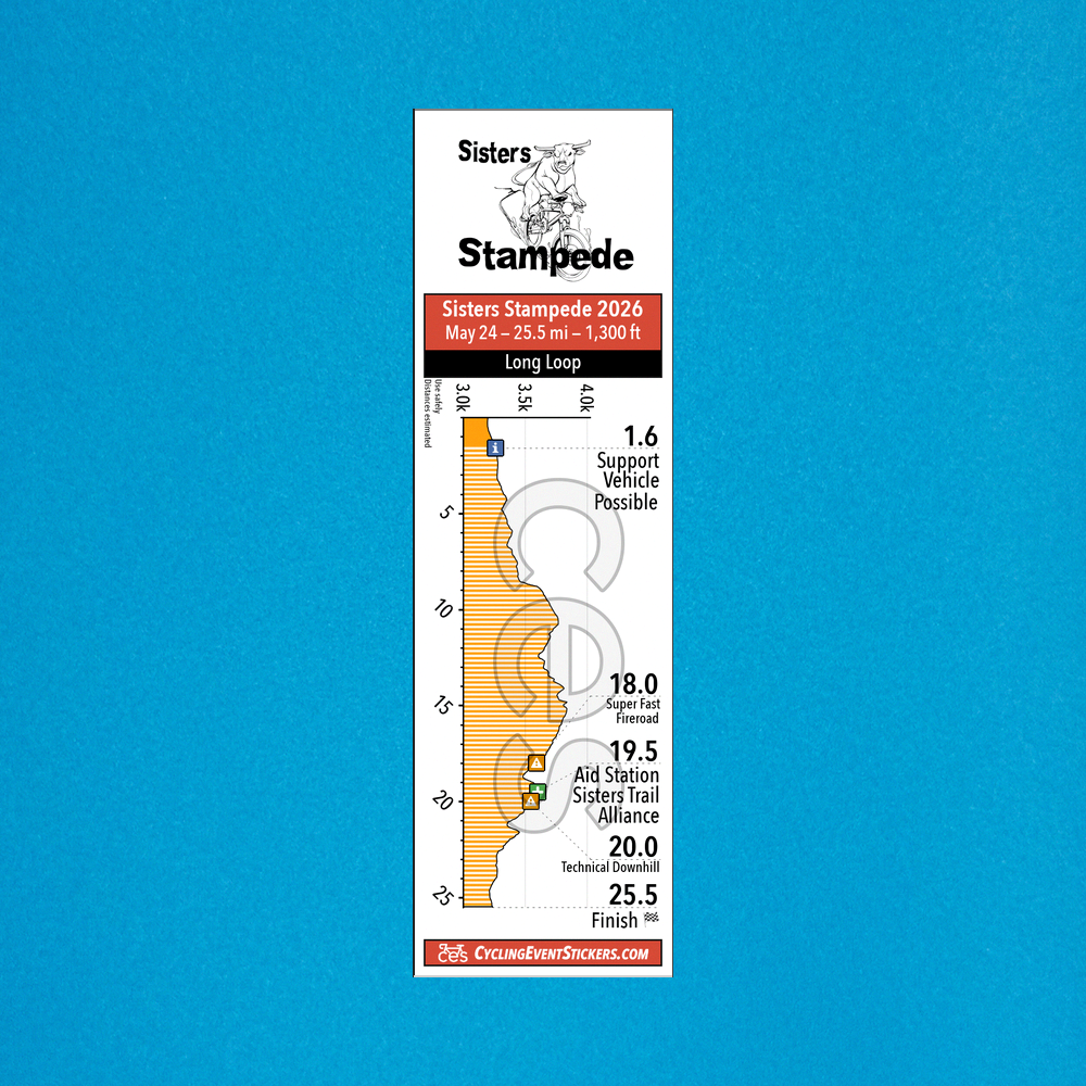 Sisters Stampede route profile sticker on a bicycle top tube