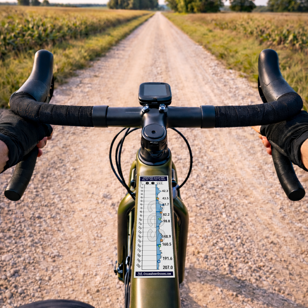 Unbound 200 route profile sticker on a bicycle top tube