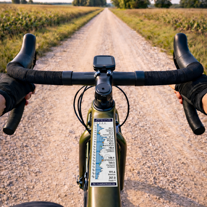Unbound 200 route profile sticker on a bicycle top tube