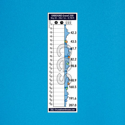 Unbound 200 route profile sticker on a bicycle top tube