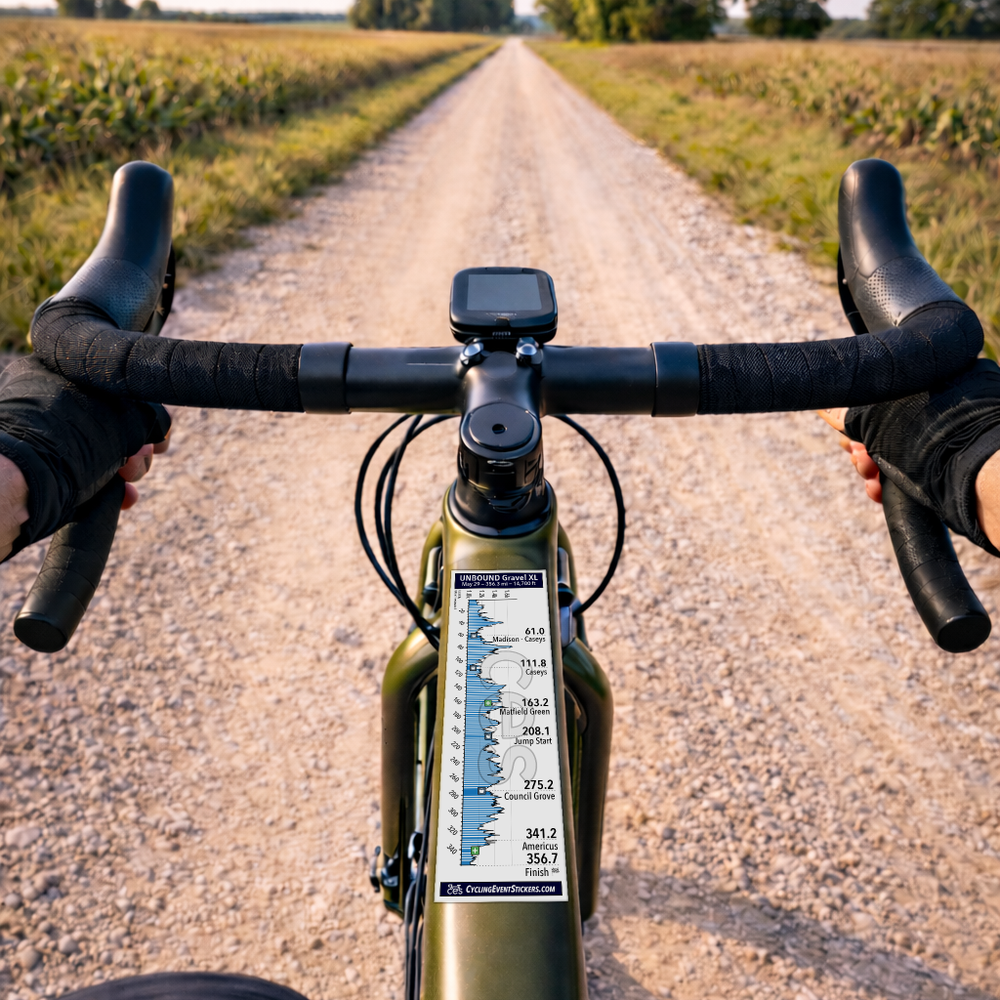 Unbound XL route profile sticker on a bicycle top tube