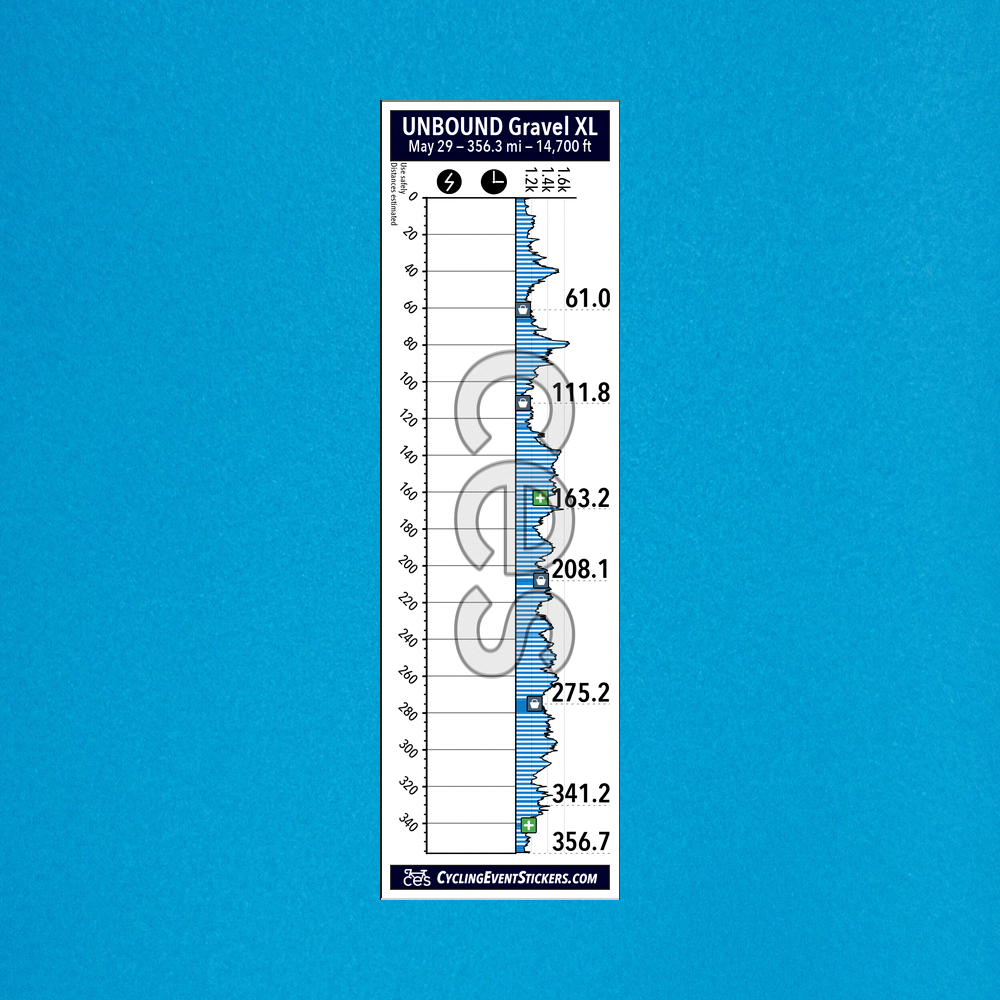 Unbound XL route profile sticker on a bicycle top tube